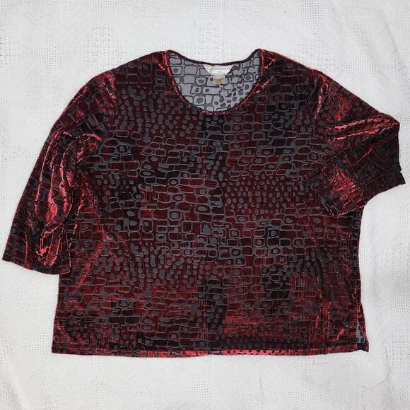 Mod Print Shiny Velveteen Red & Black Blouse for Ladies - Picture 5 of 7